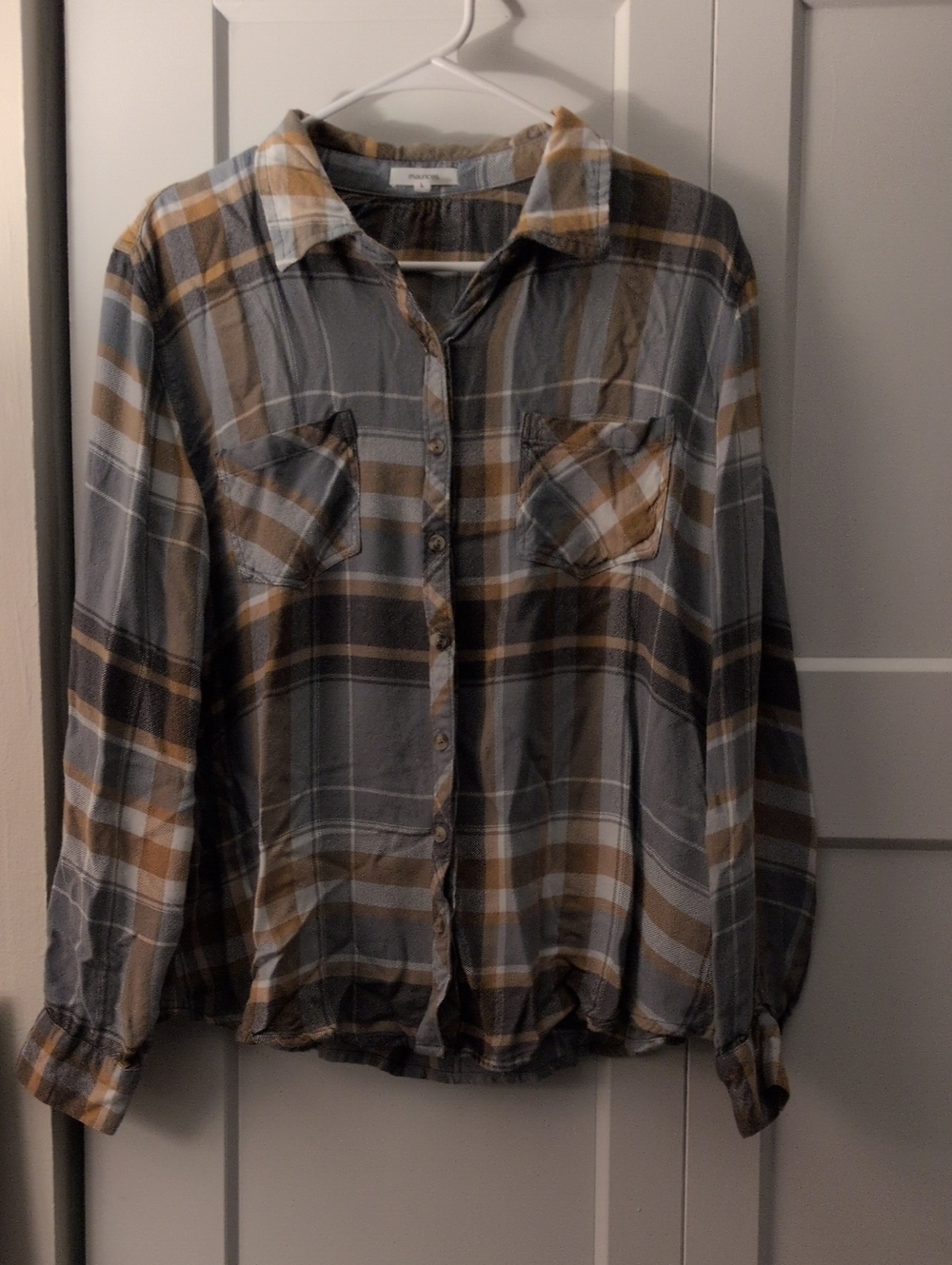 Maurices Plaid Button-Front Shirt in Gray and Brown